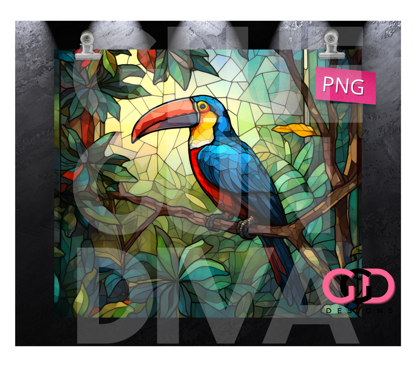 Jungle Stained Glass Toucan- Digital tumbler wrap for 20 oz skinny straight tumbler