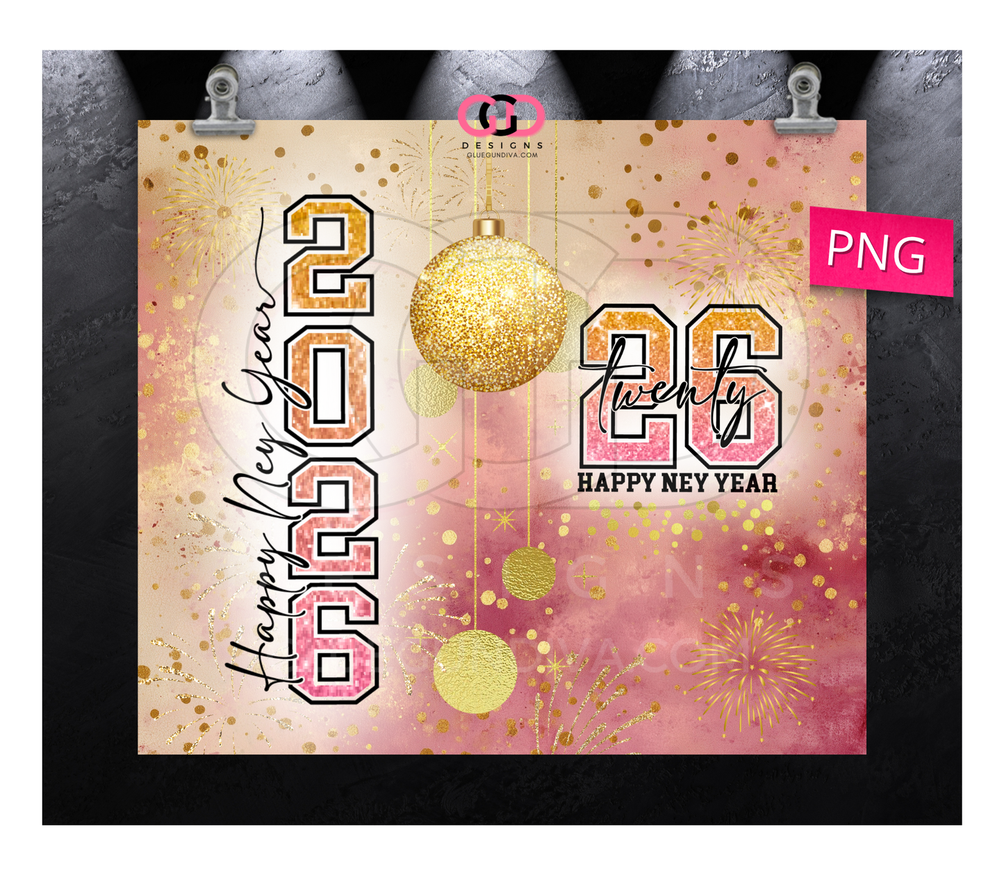 New Year Gold and Pink 2026 - Digital tumbler wrap for 20 oz skinny straight tumbler