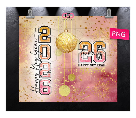 New Year Gold and Pink 2026 - Digital tumbler wrap for 20 oz skinny straight tumbler