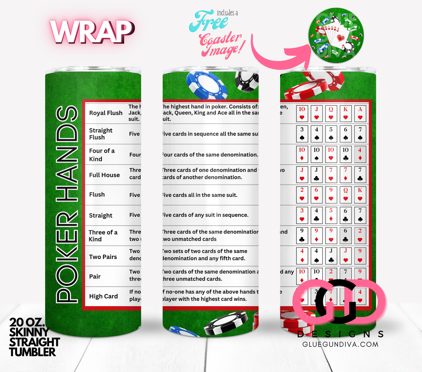 Poker Hands free coaster image- Digital tumbler wrap for 20 oz skinny straight tumbler