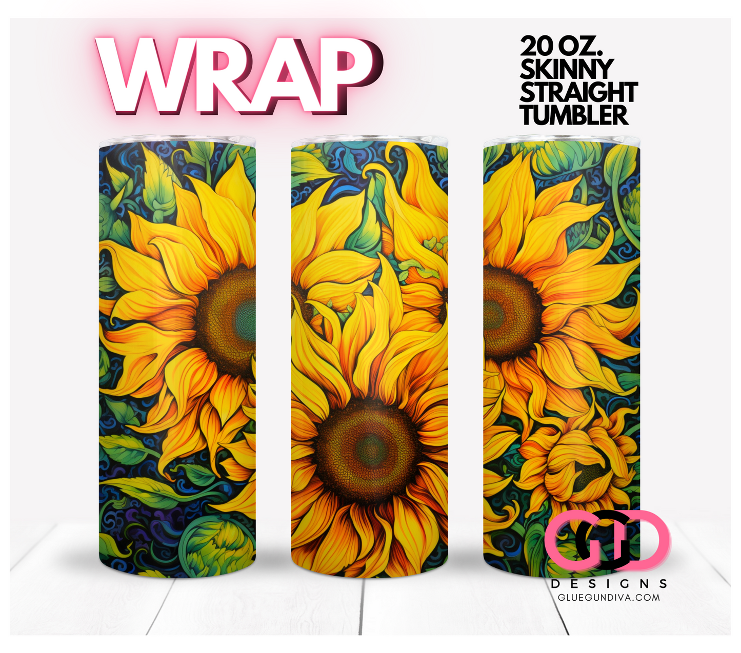Flowing Sunflowers- Digital tumbler wrap for 20 oz skinny straight tumbler