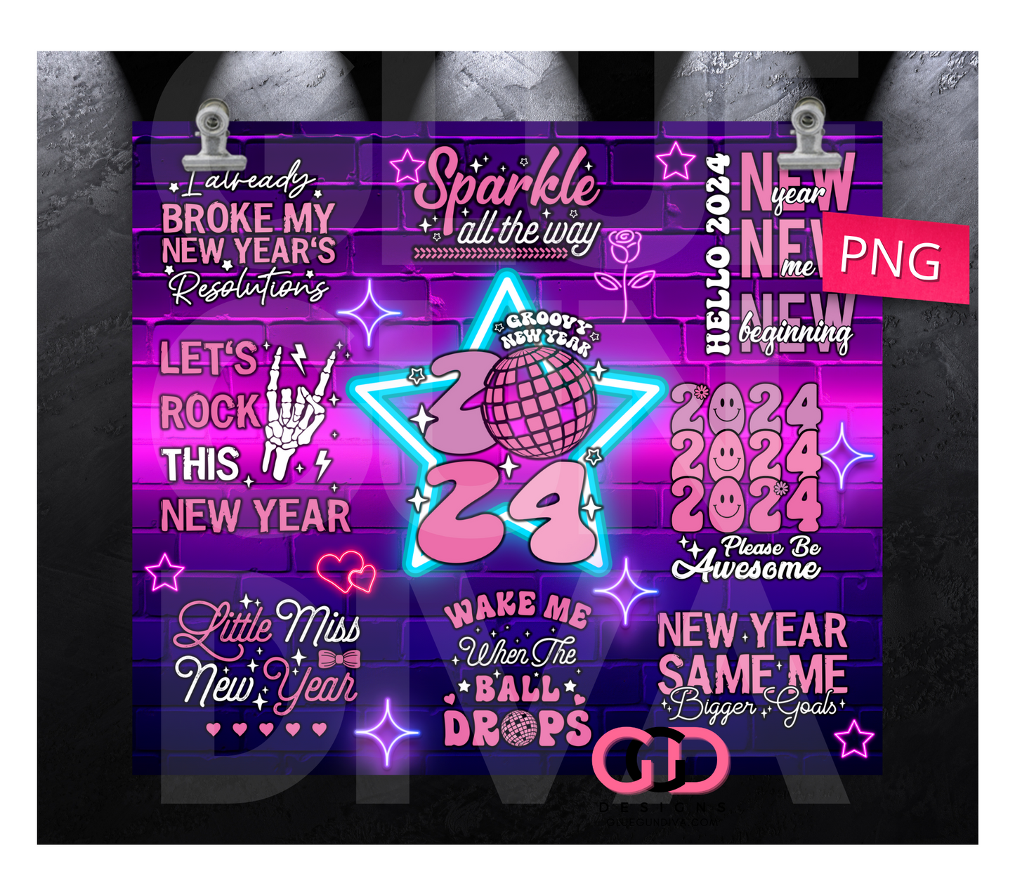 Neon New Year 2024 - Digital tumbler wrap for 20 oz skinny straight tumbler