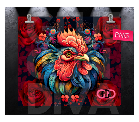 Rooster and Roses- Digital tumbler wrap for 20 oz skinny straight tumbler