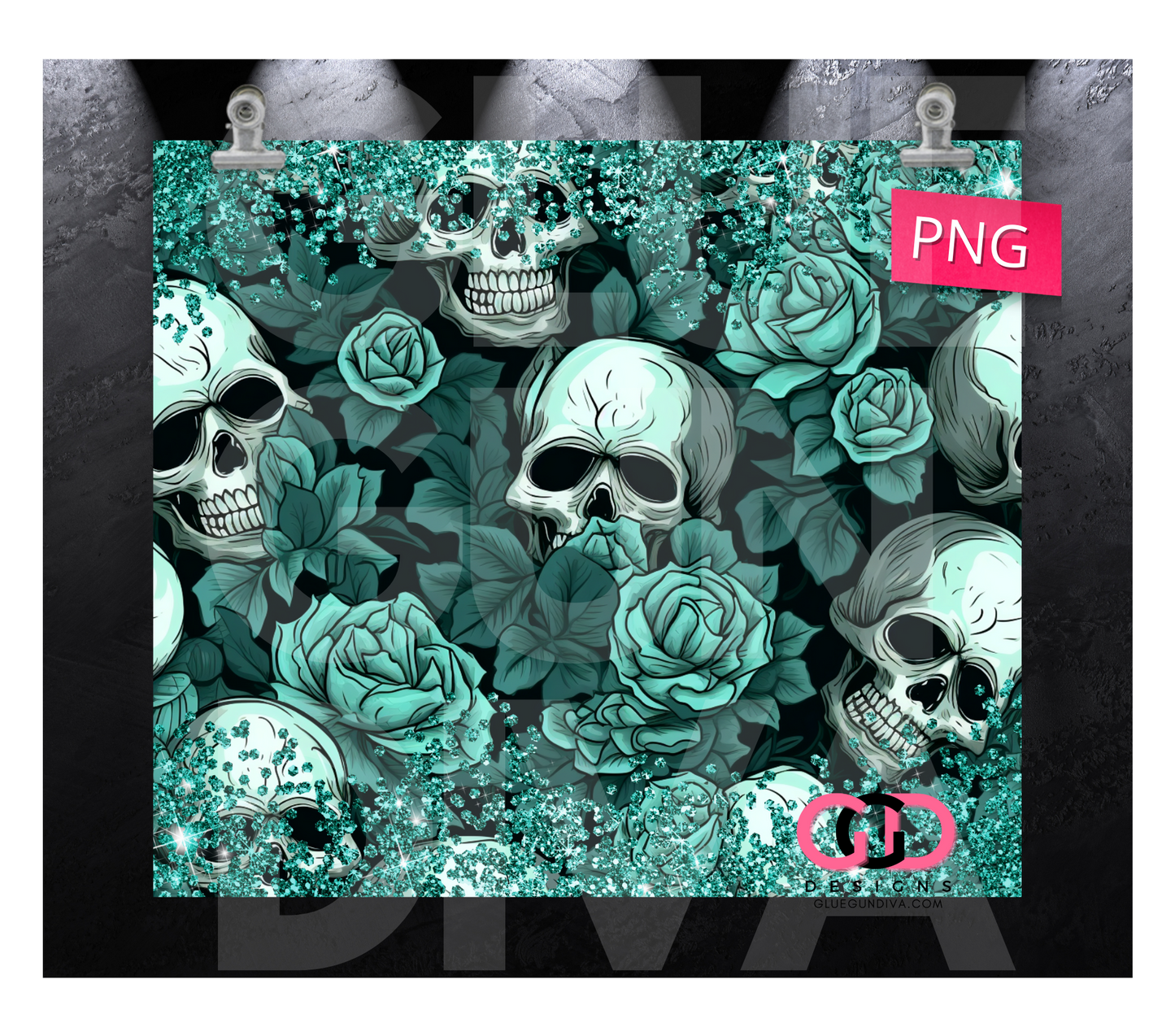 Teal Skulls and Roses - Digital tumbler wrap for 20 oz skinny straight tumbler