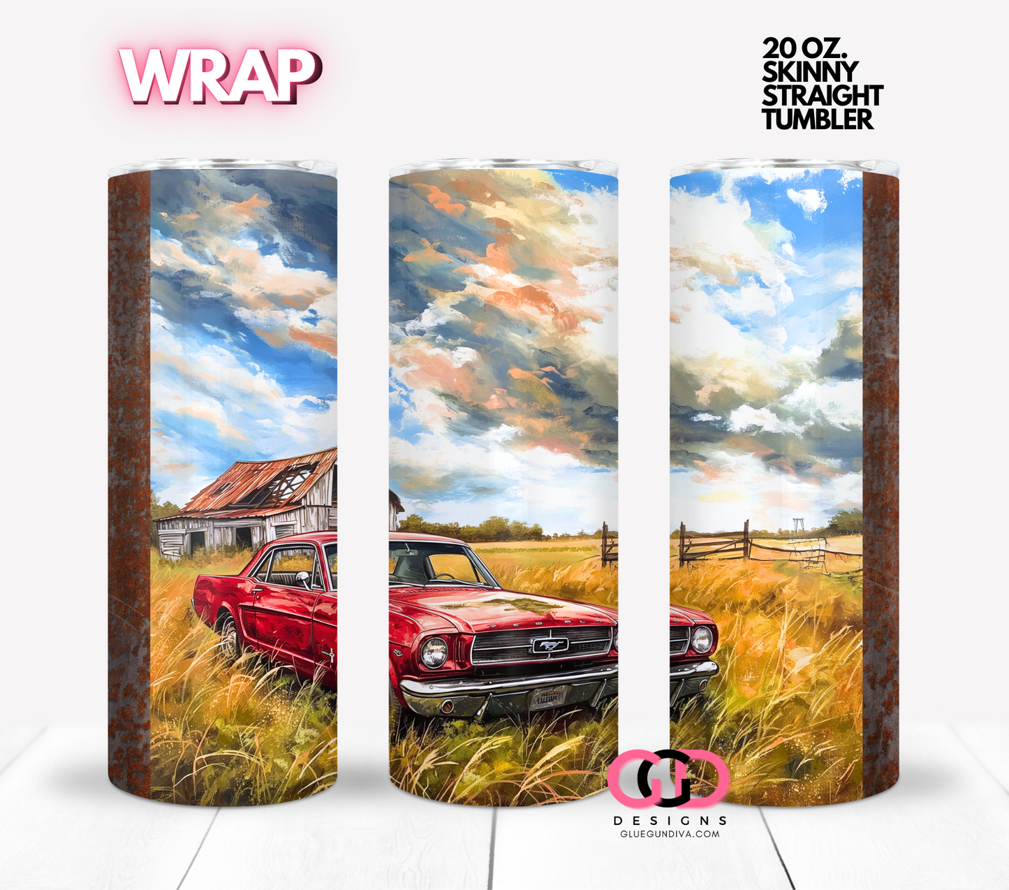 Classic Car and Barn- Digital tumbler wrap for 20 oz skinny straight tumbler