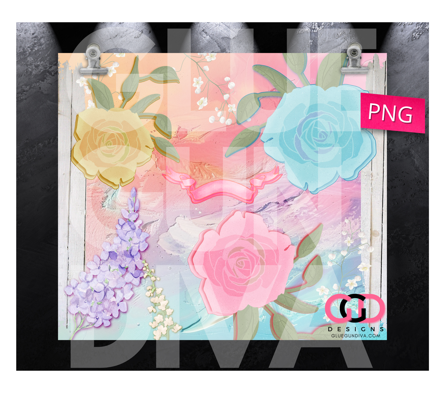 Flowers and Banner Pastels - Digital tumbler wrap for 20 oz skinny straight tumbler