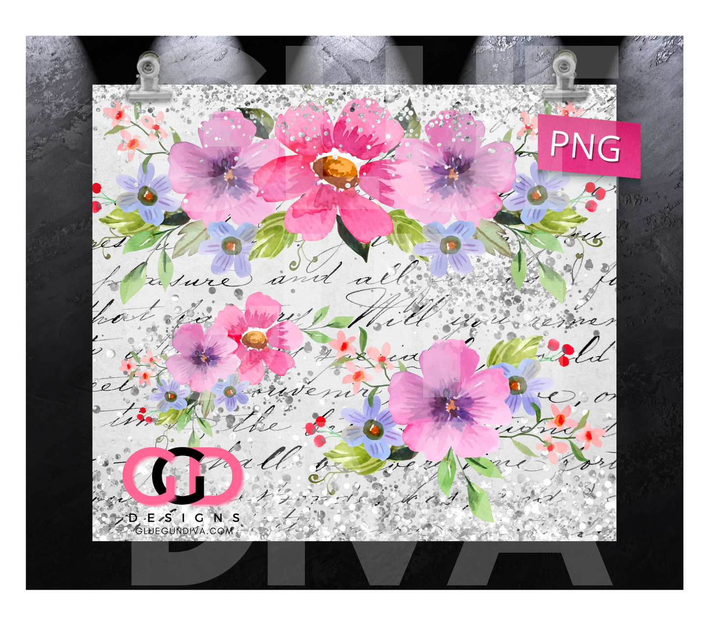 Flowers with Silver Gems- Digital tumbler wrap for 20 oz skinny straight tumbler