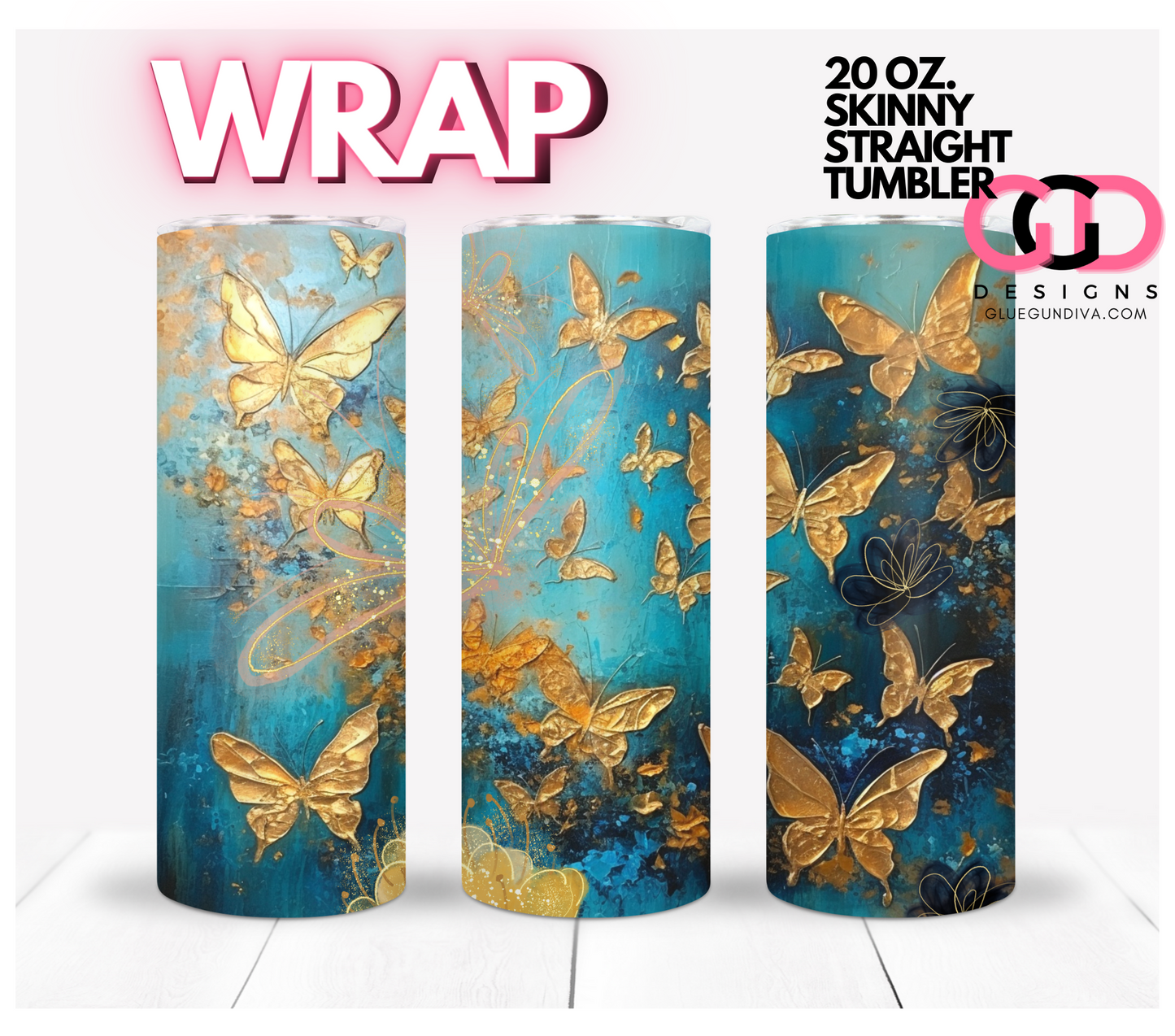 Golden Butterfly Wall - Digital tumbler wrap for 20 oz skinny straight tumbler
