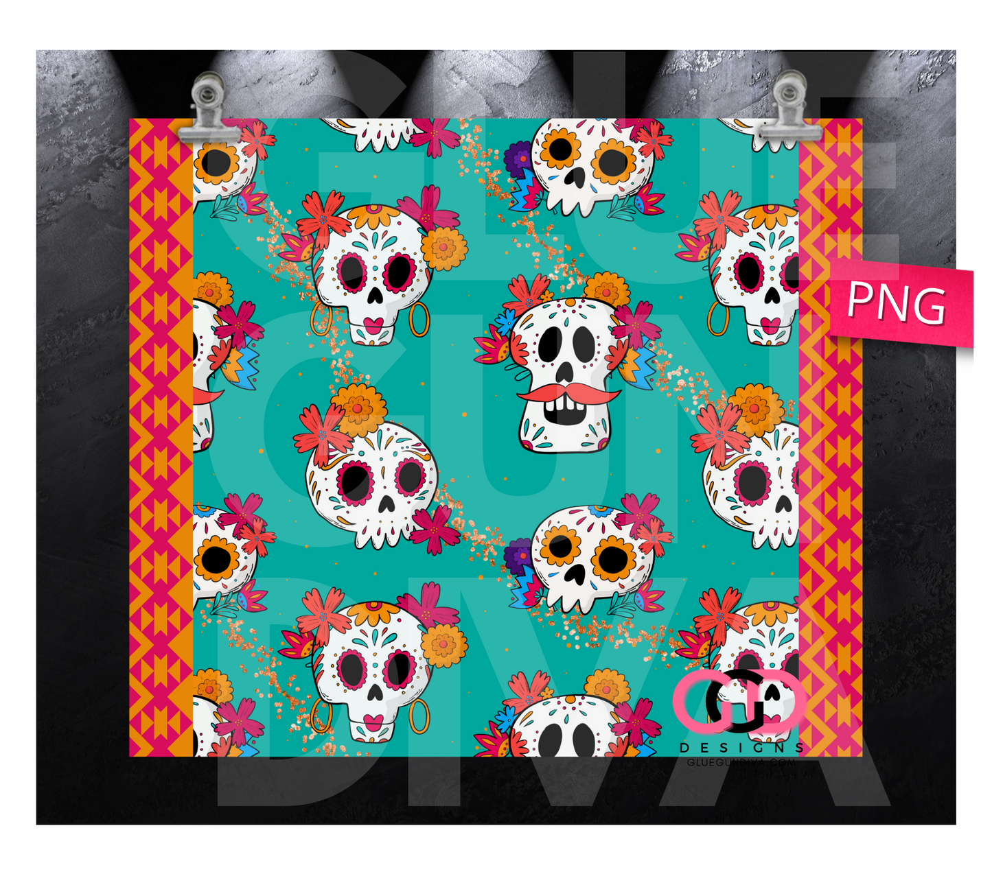 Dia de los muertos teal - Digital tumbler wrap for 20 oz skinny straight tumbler