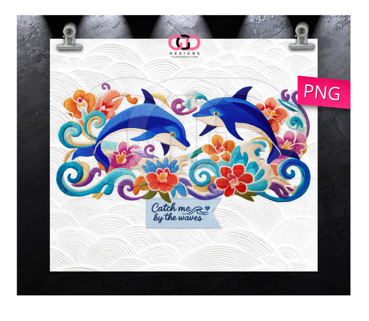 Embroidered Dolphins - Digital tumbler wrap for 20 oz skinny straight tumbler