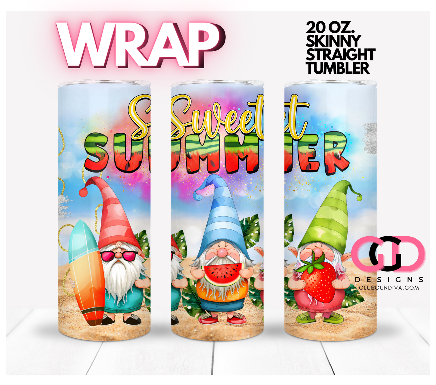 Sweet Summer Gnomes- Digital tumbler wrap for 20 oz skinny straight tumbler