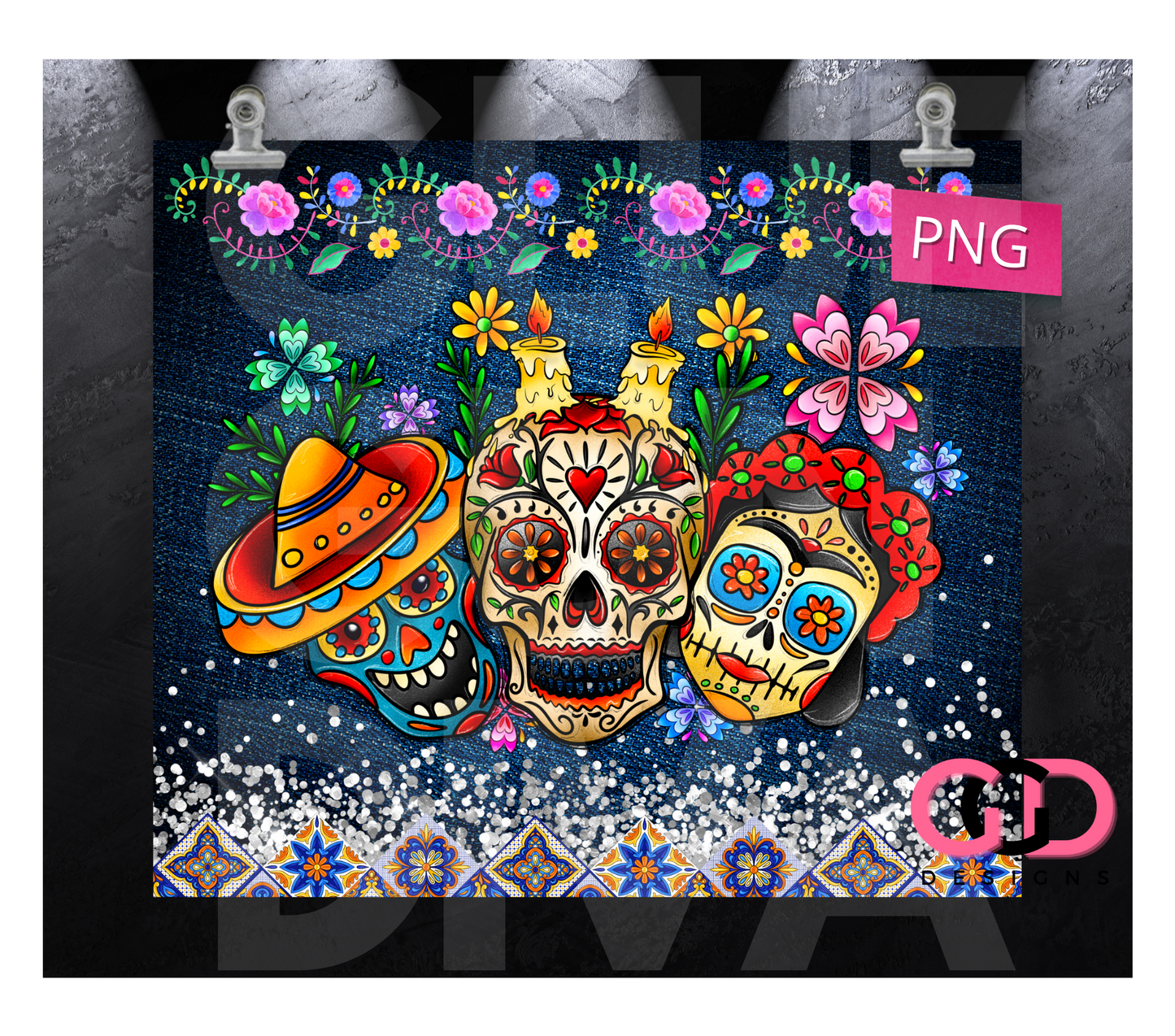 Sugar Skulls Denim- Digital tumbler wrap for 20 oz skinny straight tumbler
