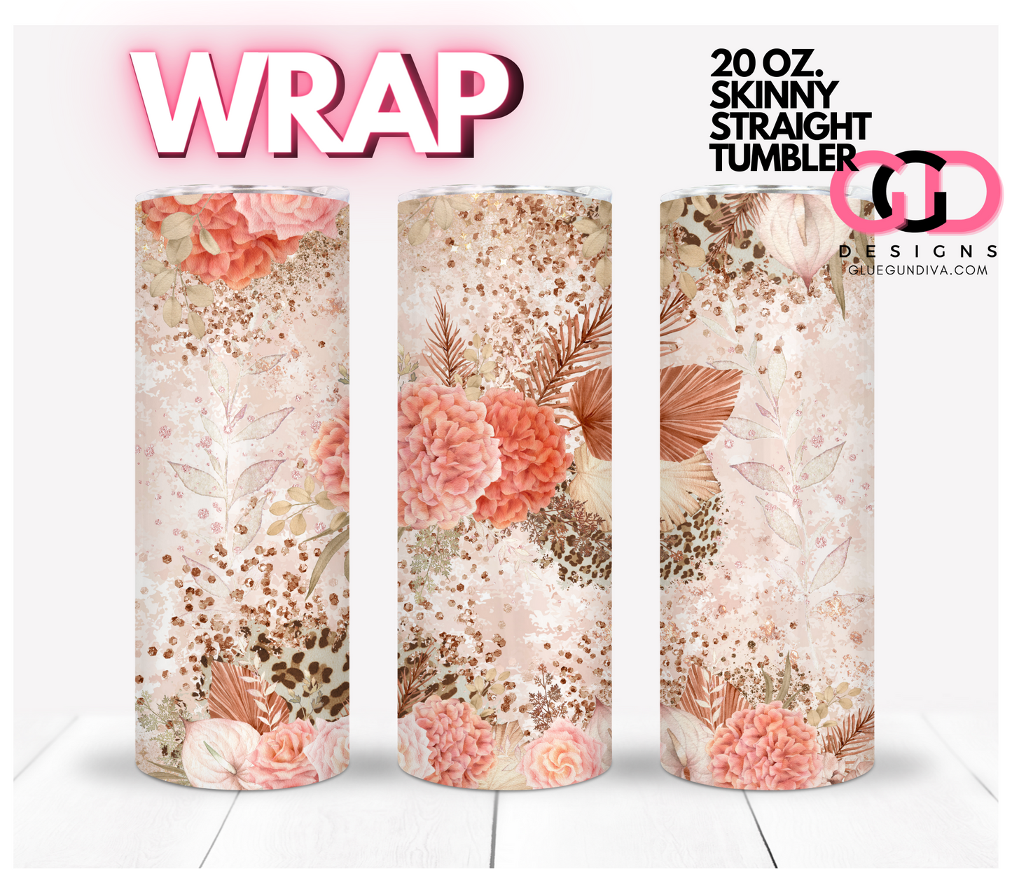 Peach Flowers Dream- Digital tumbler wrap for 20 oz skinny straight tumbler