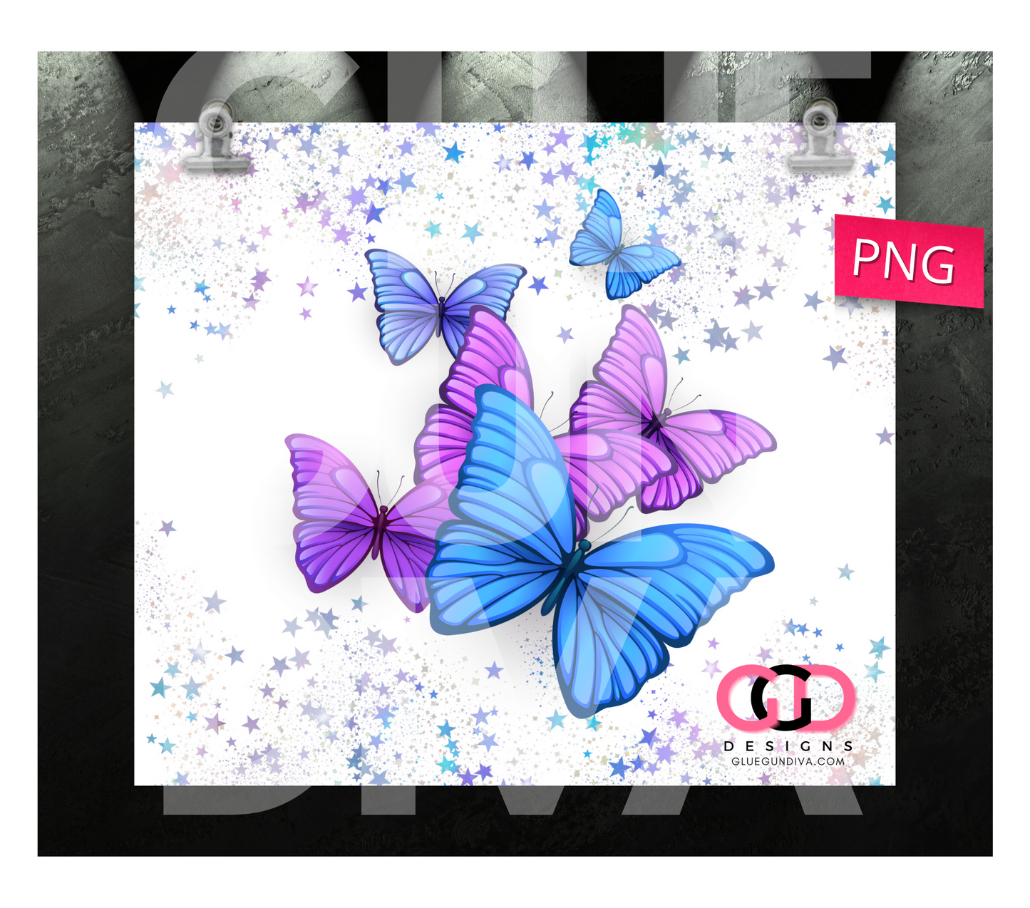 Butterflies and Star in purple - Digital tumbler wrap for 20 oz skinny straight tumbler