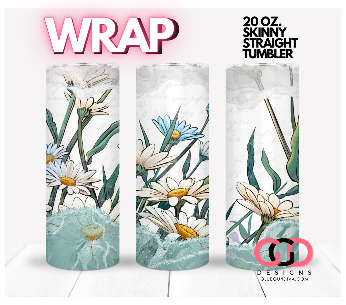 Ink Framed Daisies - Digital tumbler wrap for 20 oz skinny straight tumbler