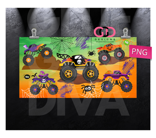 Halloween Monster Trucks - Digital Flip Top Bottle Wrap for kid's bottles 12 oz