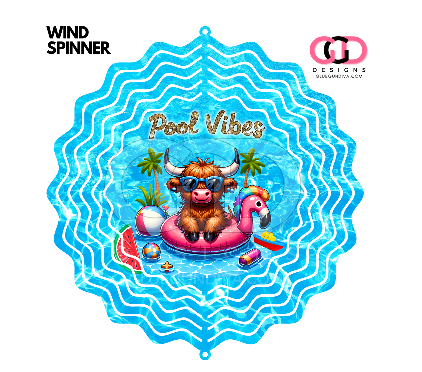 Highland Cow Pool Vibes- Digital image for an 8 Inch Wind Spinner