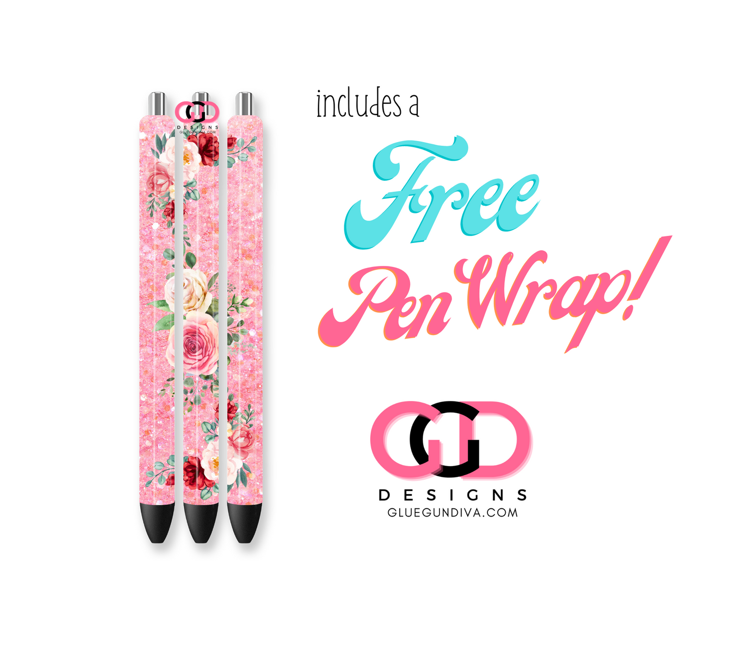 Roses on green and glitter with FREE Pen wrap - Digital tumbler wrap for 20 oz skinny straight tumbler