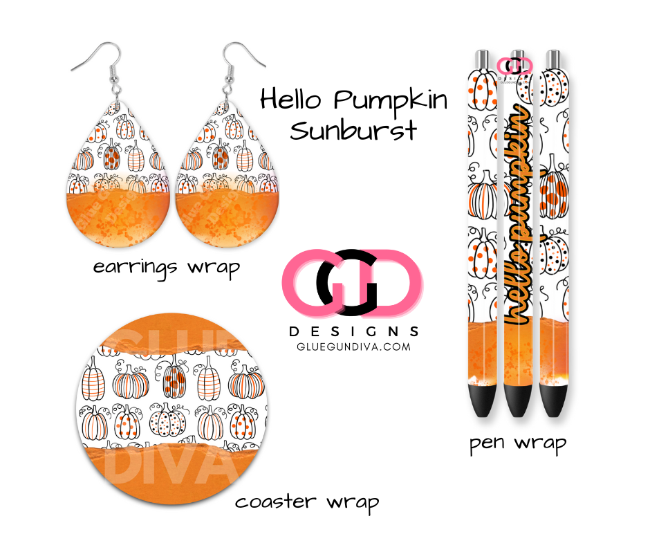 Hello Pumpkin Sunburst - Earrings, Pen Wrap, Coaster BUNDLE