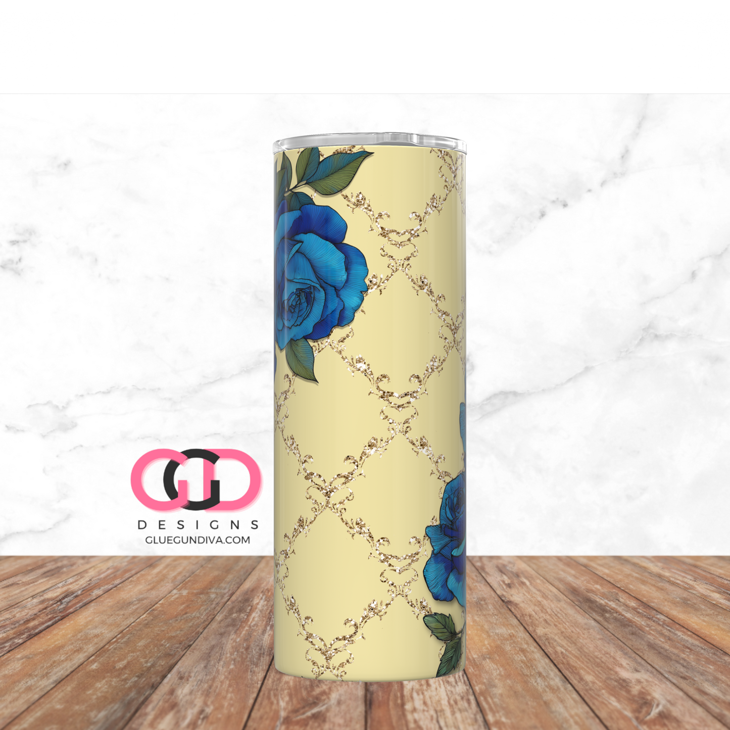 Blue Roses on Yellow - Digital tumbler wrap for 20 oz skinny straight tumbler