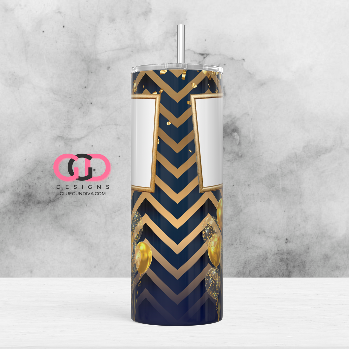 Happy Birthday Navy and Gold with Balloons photo tumbler- Digital tumbler wrap for 20 oz skinny straight tumbler