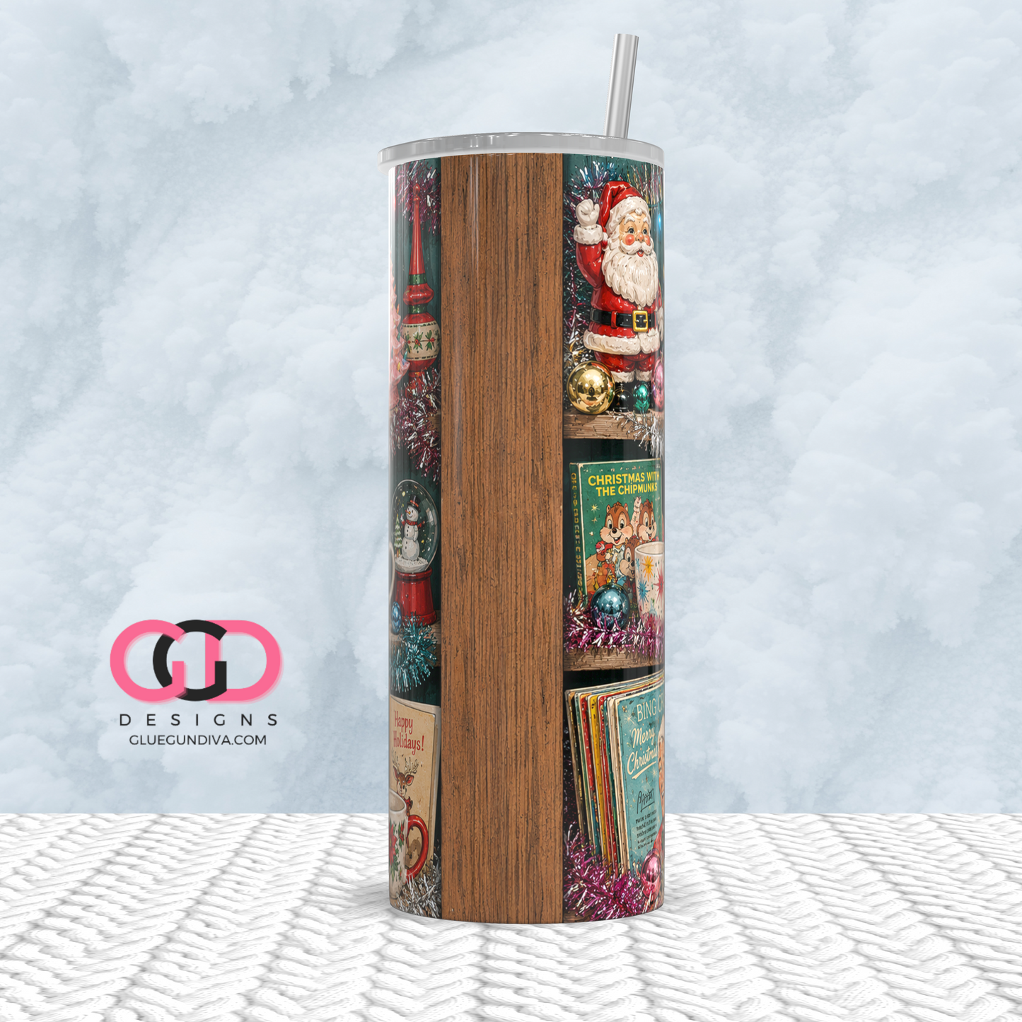 Christmas Thrift Shelf Dark Wood - Digital tumbler wrap for 20 oz skinny straight tumbler