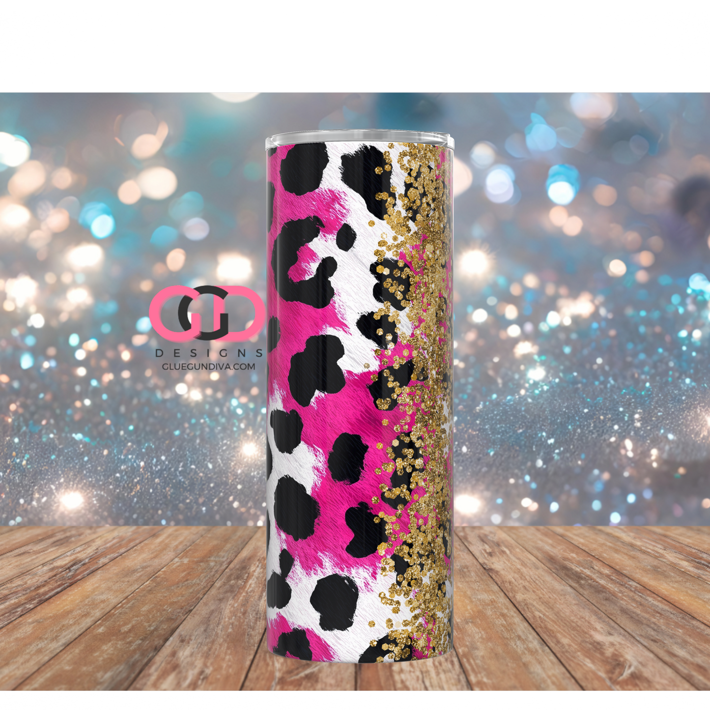Gold Glitter and Pink Cheetah - Digital tumbler wrap for 20 oz skinny straight tumbler