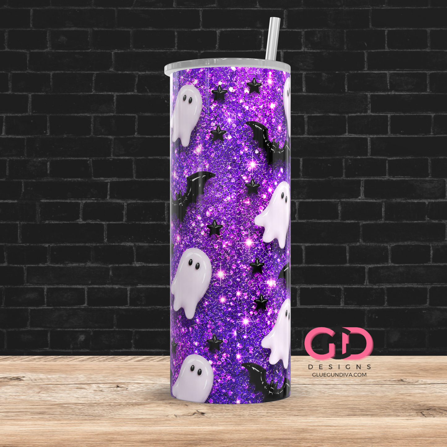 Glossy Ghosts Purples - Digital tumbler wrap for 20 oz skinny straight tumbler