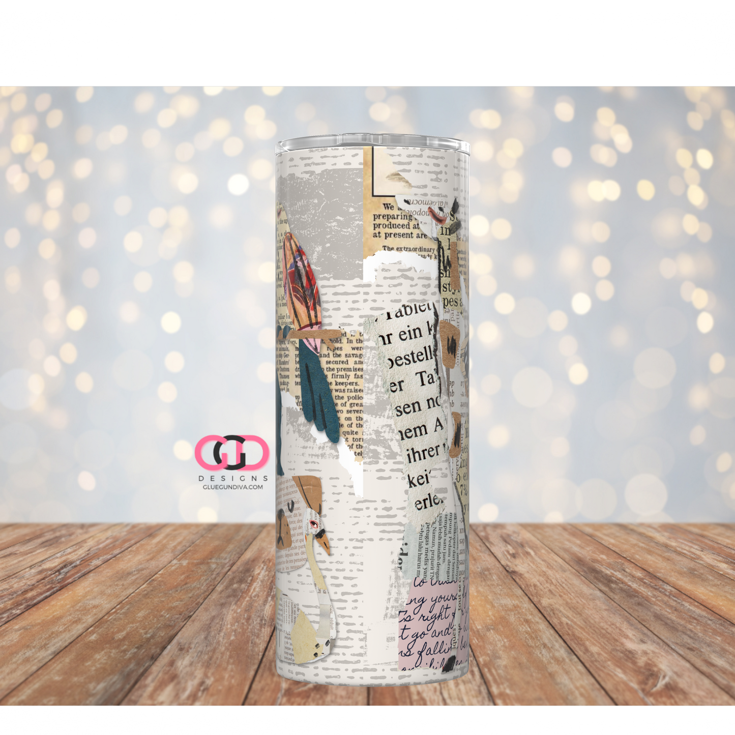 Newspaper Animal Collage - Digital tumbler wrap for 20 oz skinny straight tumbler
