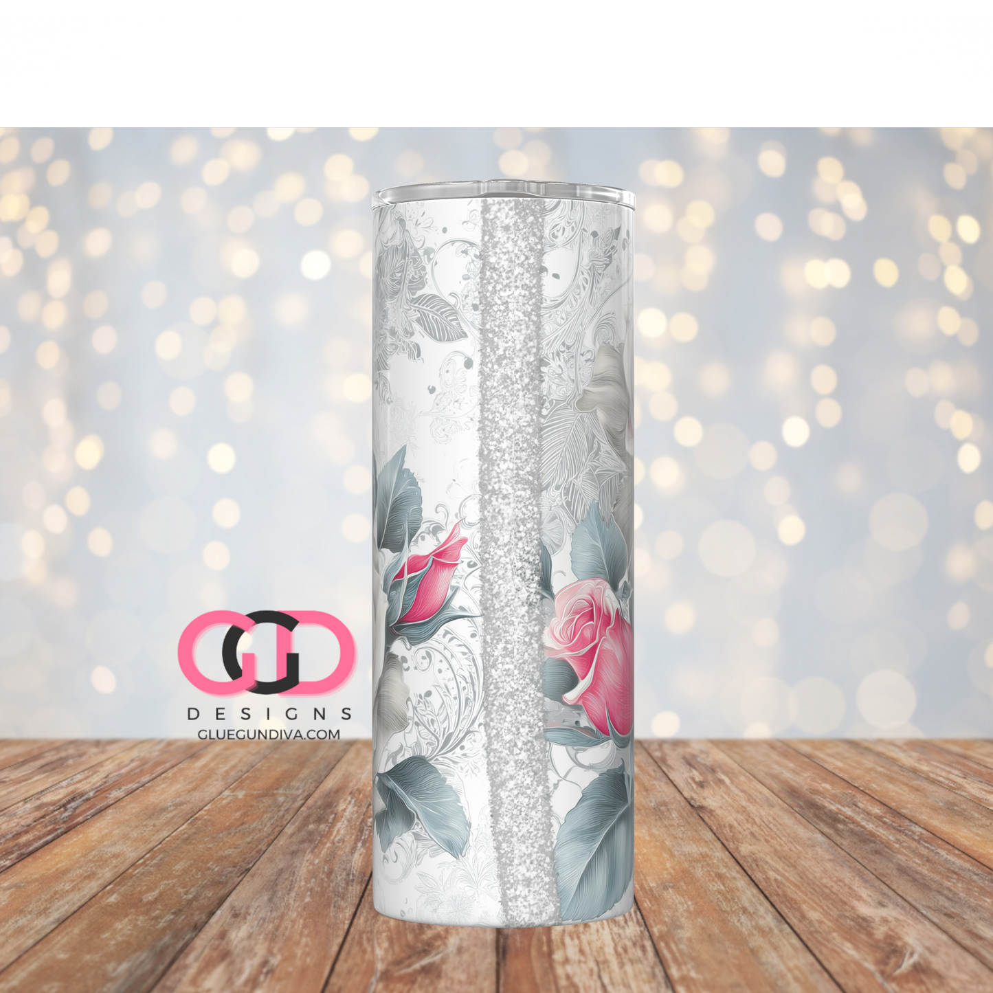 Pink and White Roses- Digital tumbler wrap for 20 oz skinny straight tumbler