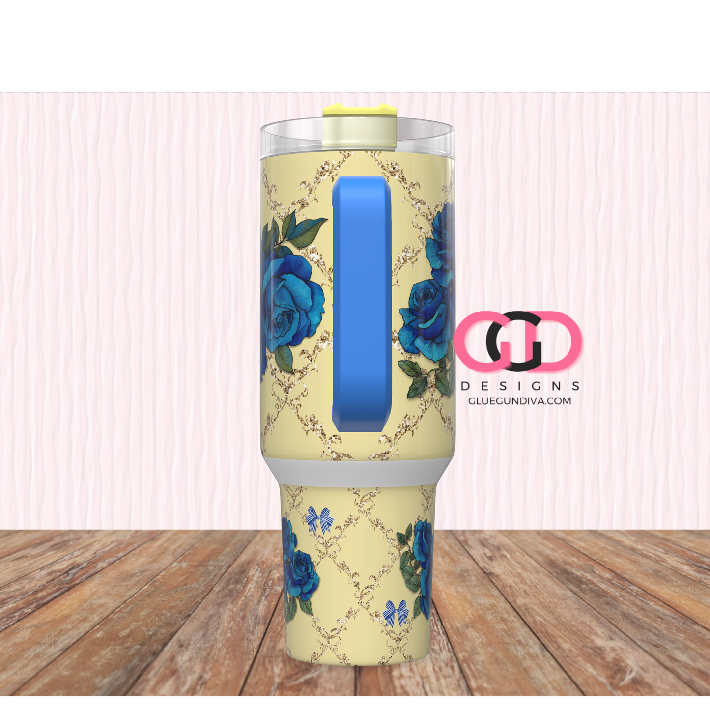 Blue Roses on Yellow - Digital tumbler wrap for 40 oz tumbler