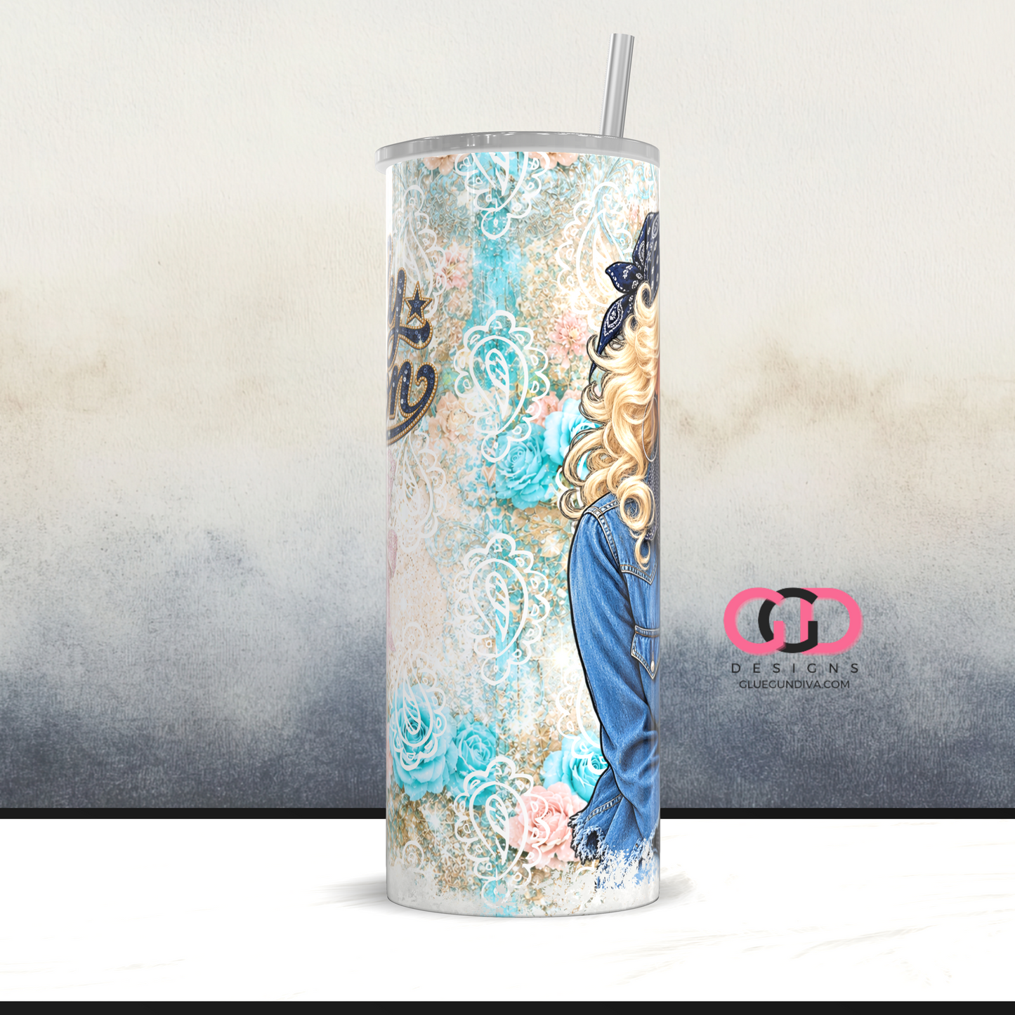 Dolly Parton Blue and Guitar - Digital tumbler wrap for 20 oz skinny straight tumbler
