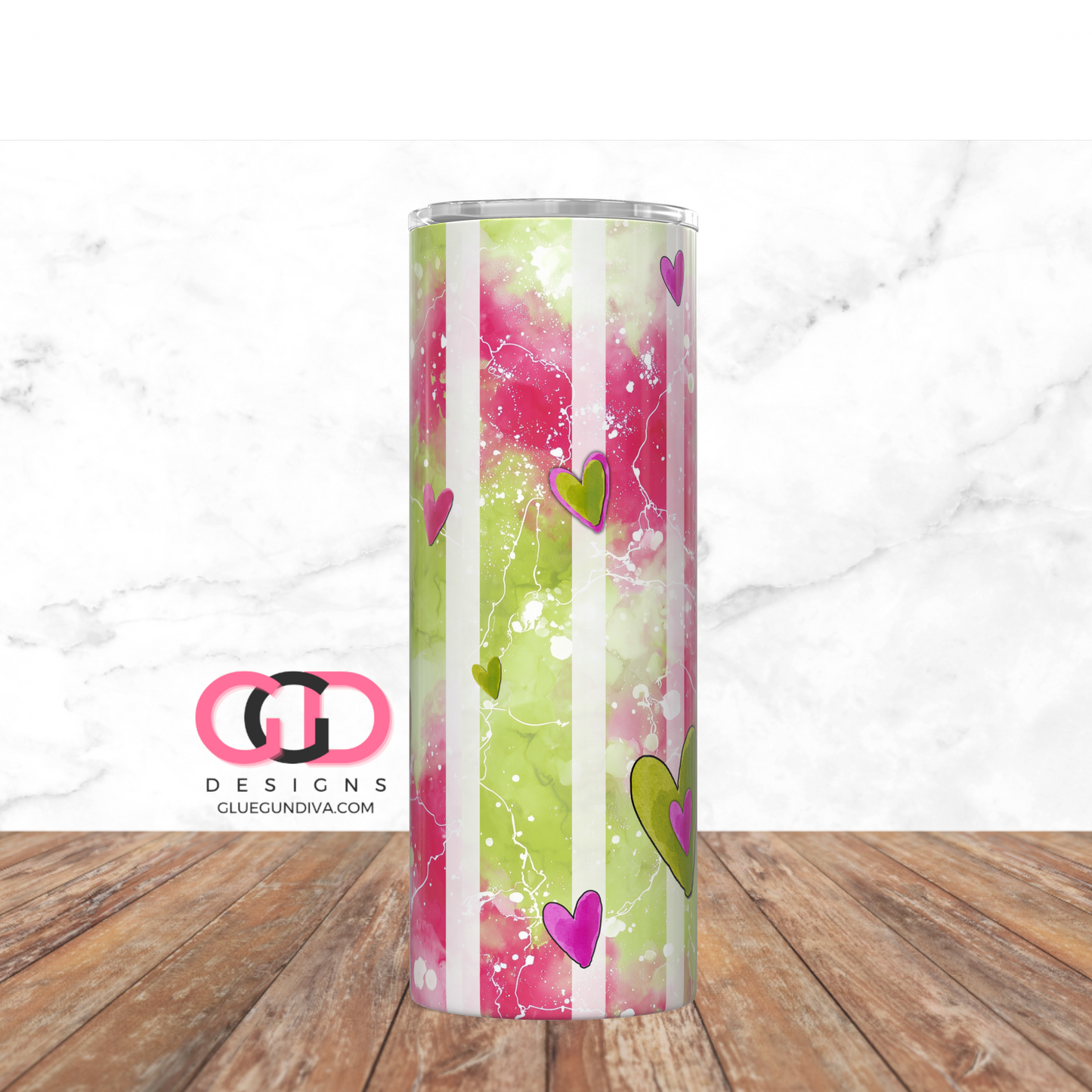 Lime Green and Pink Hearts - Digital tumbler wrap for 20 oz skinny straight tumbler