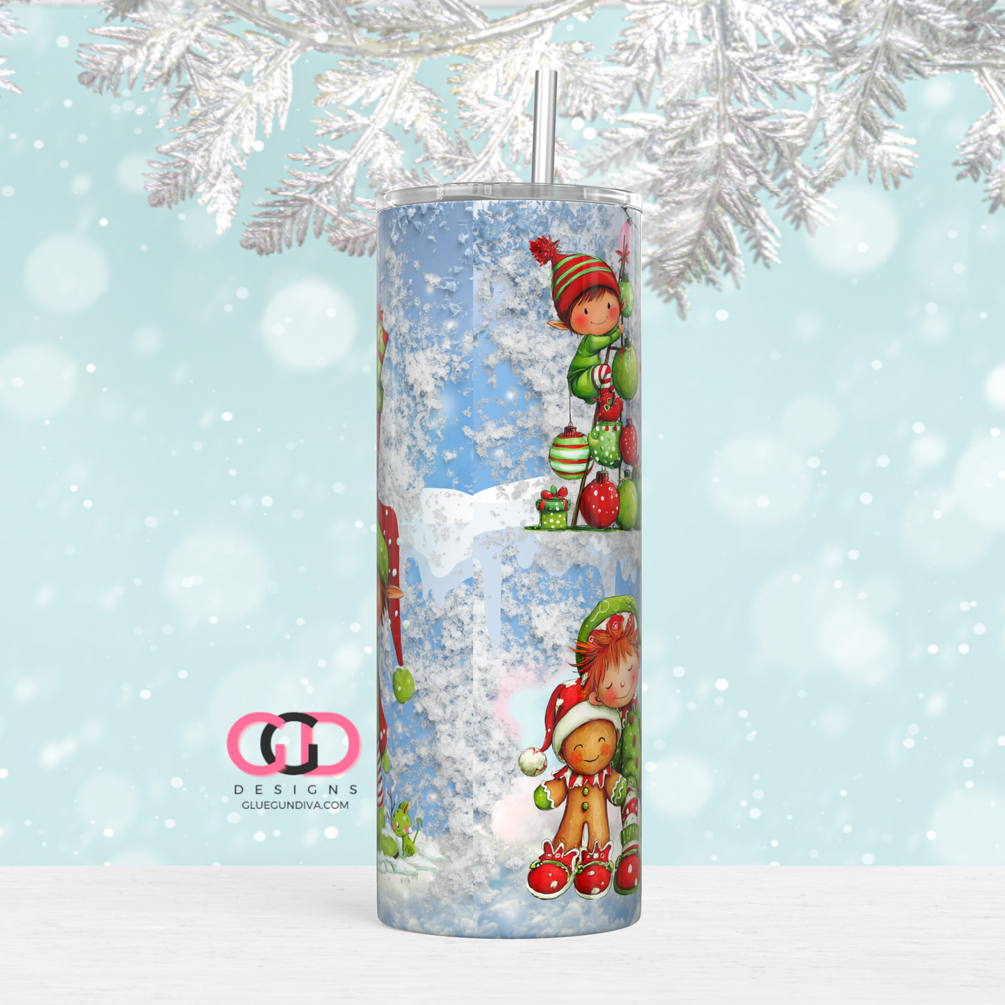 Frosty Elves - Digital tumbler wrap for 20 oz skinny straight tumbler