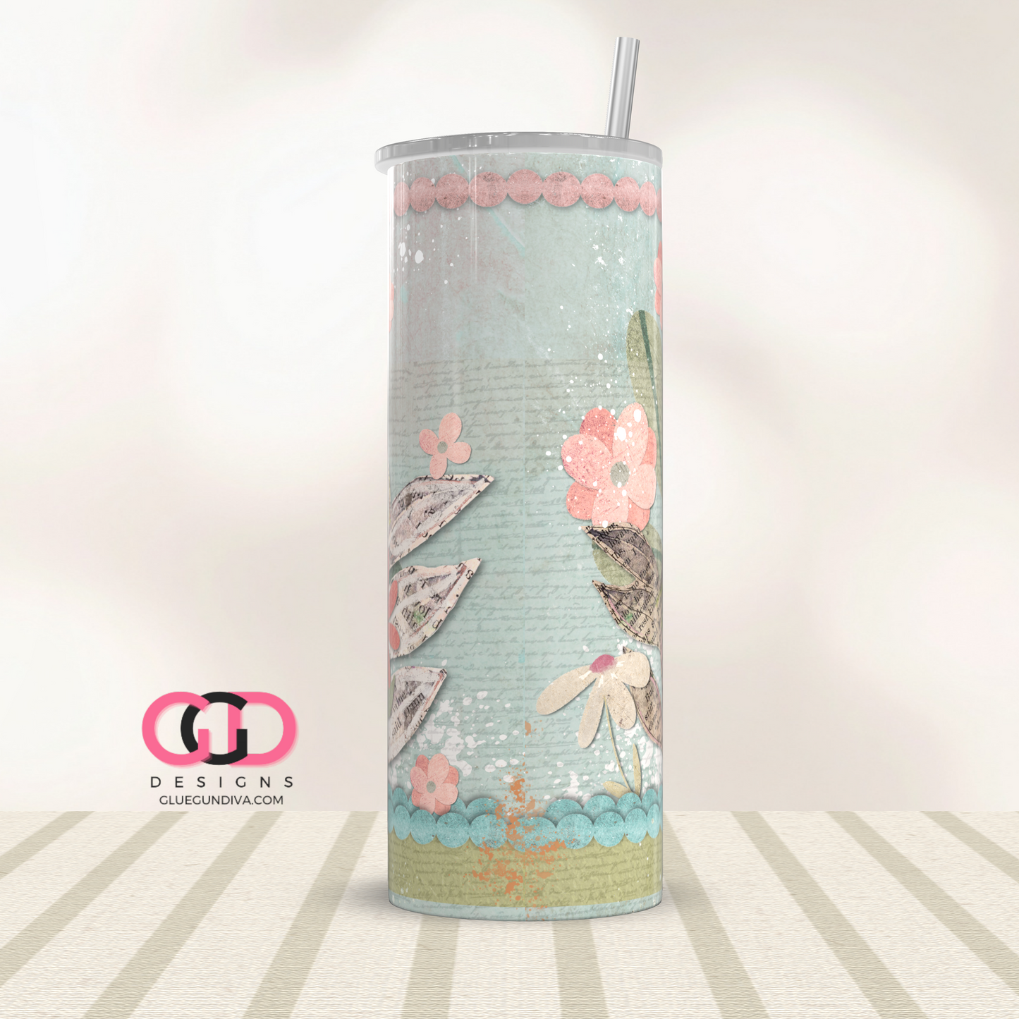 Wishes and Dreams Paper Floral -Digital tumbler wrap for 20 oz skinny straight tumbler