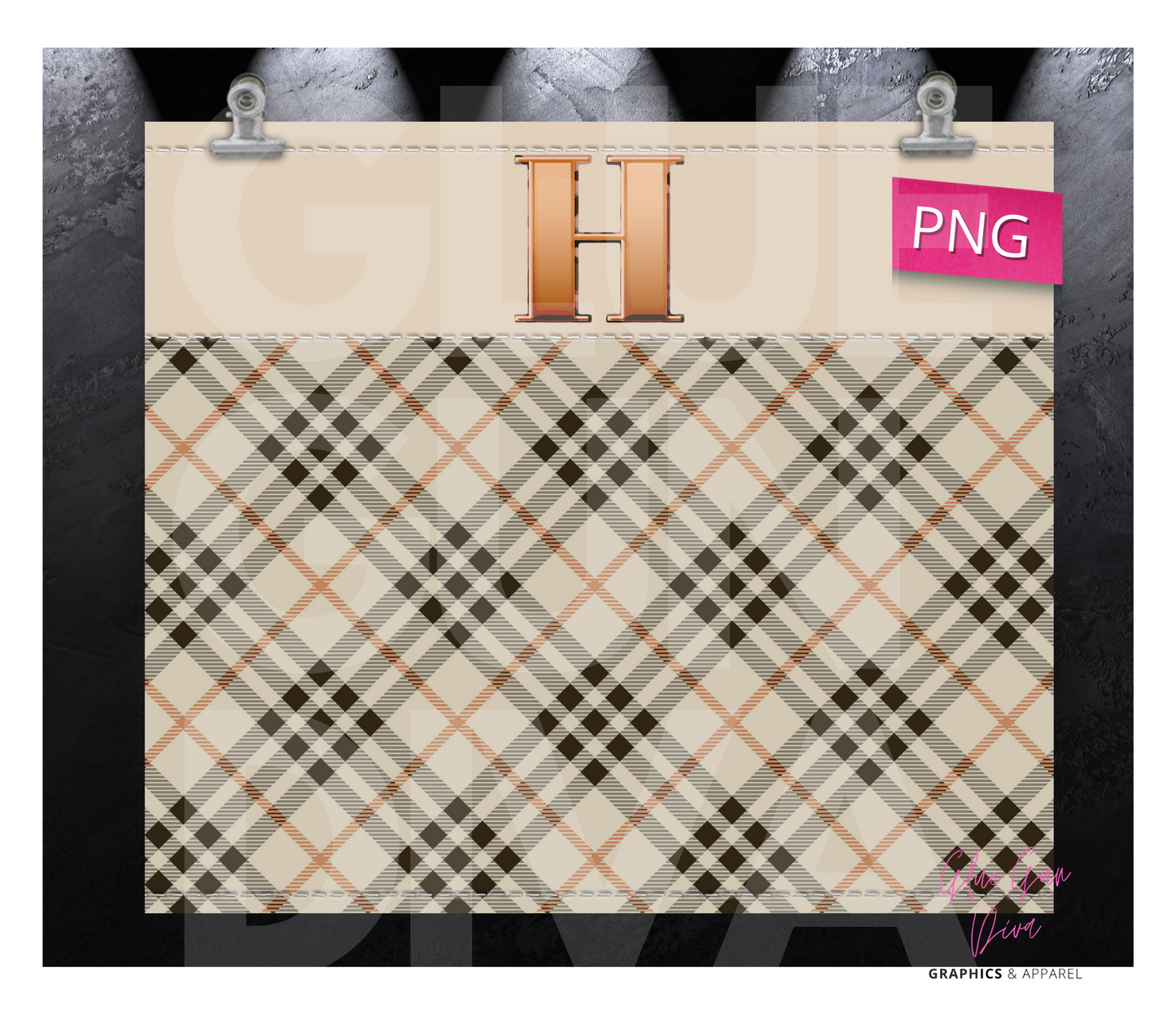 Letter H Plaid Canvas with Initial - Digital tumbler wrap for 20 oz skinny straight tumbler