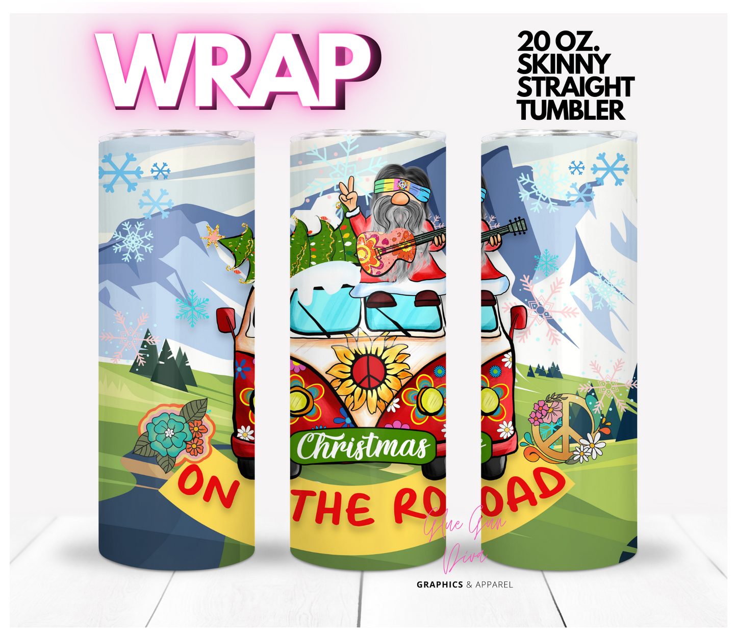 Hippie Gnome Christmas on the Road - Digital tumbler wrap for 20 oz skinny straight tumbler