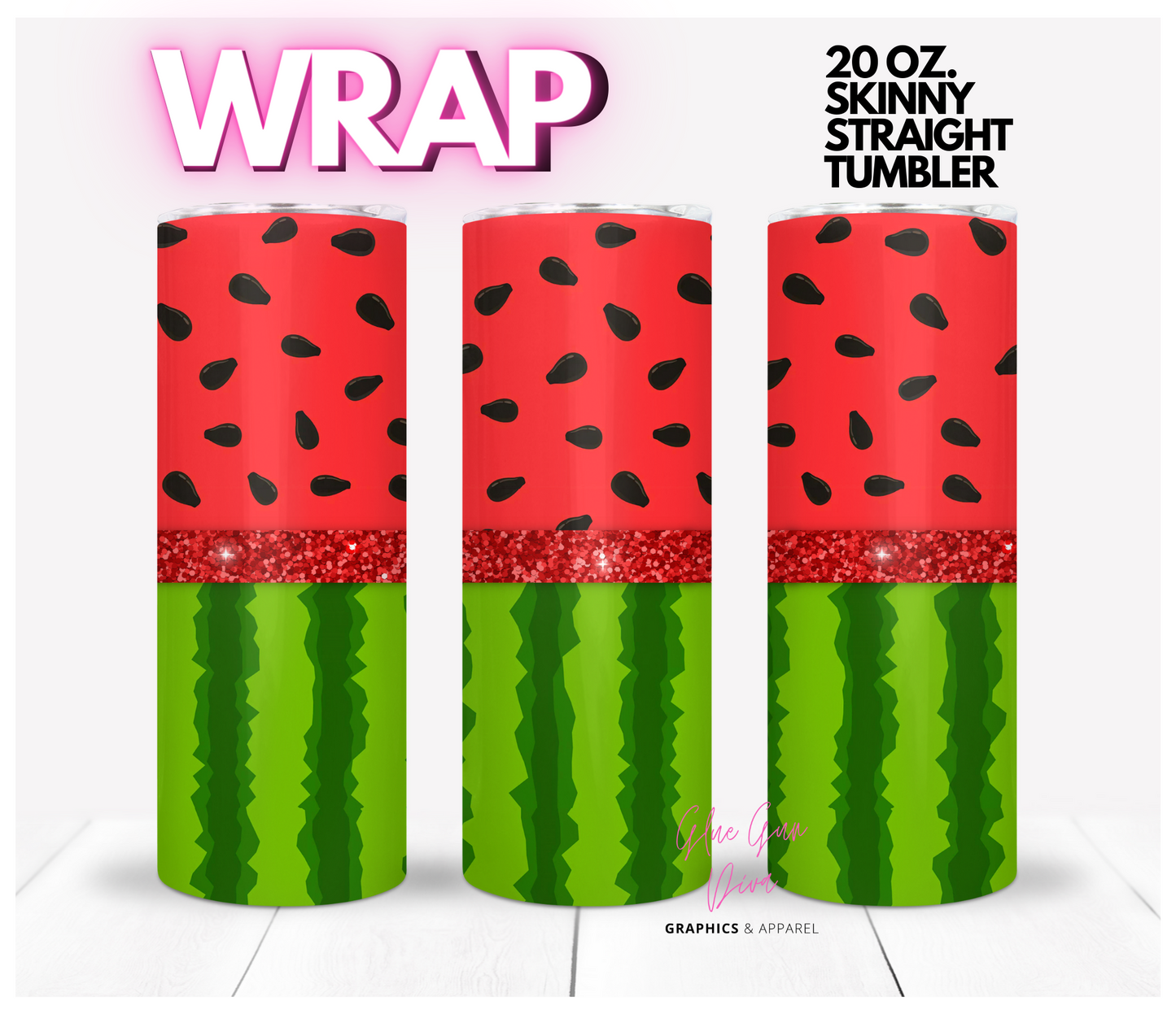 Watermelon Glitter Band- Digital tumbler wrap for 20 oz skinny straight tumbler
