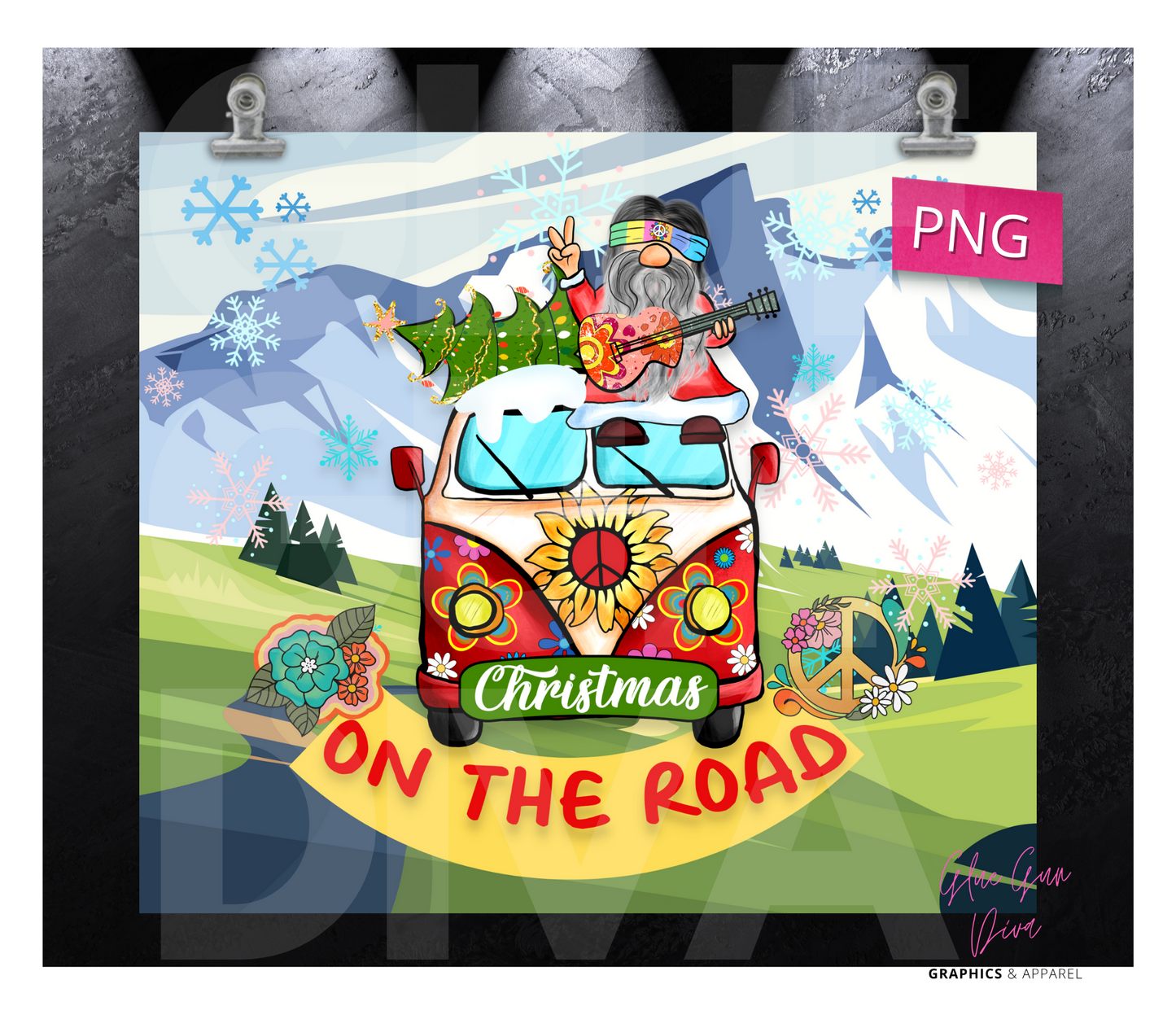 Hippie Gnome Christmas on the Road - Digital tumbler wrap for 20 oz skinny straight tumbler