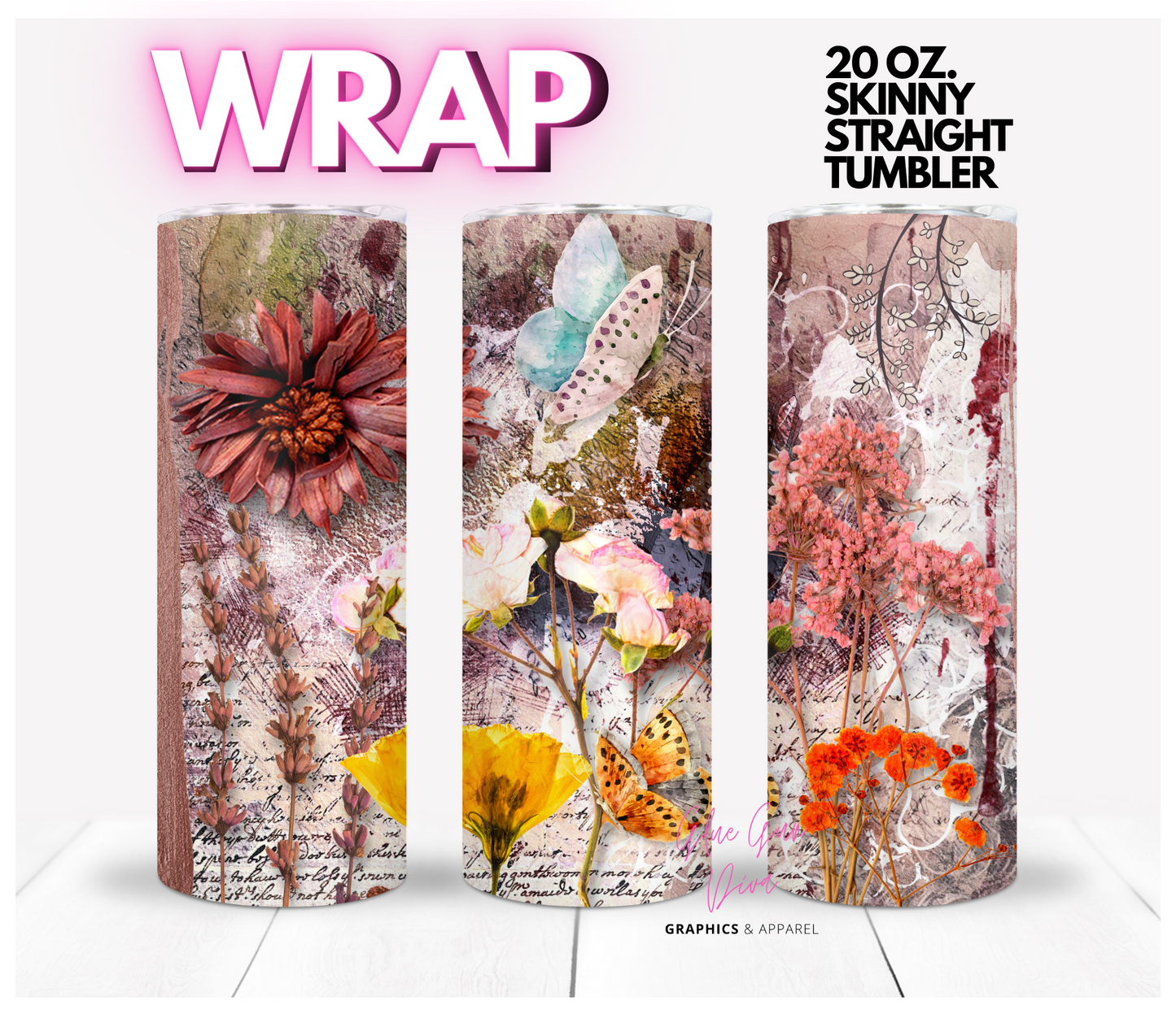 Dried Fall Flowers - Digital tumbler wrap for 20 oz skinny straight tumbler