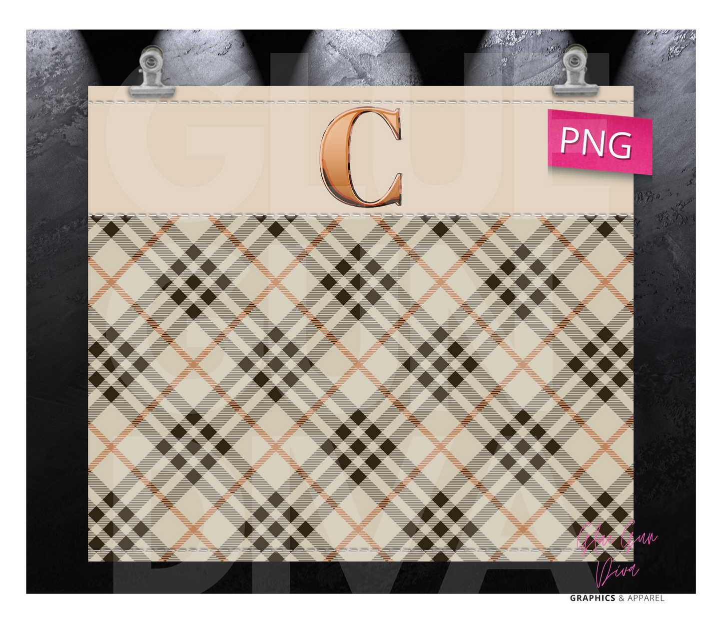 Letter C Plaid Canvas with Initial - Digital tumbler wrap for 20 oz skinny straight tumbler