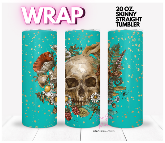 Teal Stars Skull - Digital tumbler wrap for 20 oz skinny straight tumbler