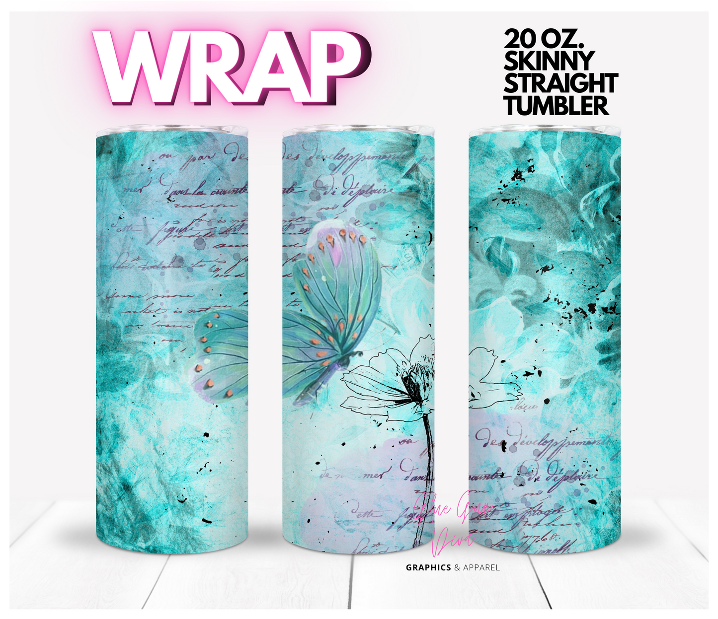 Mixed media teal butterfly- Digital tumbler wrap for 20 oz skinny straight tumbler