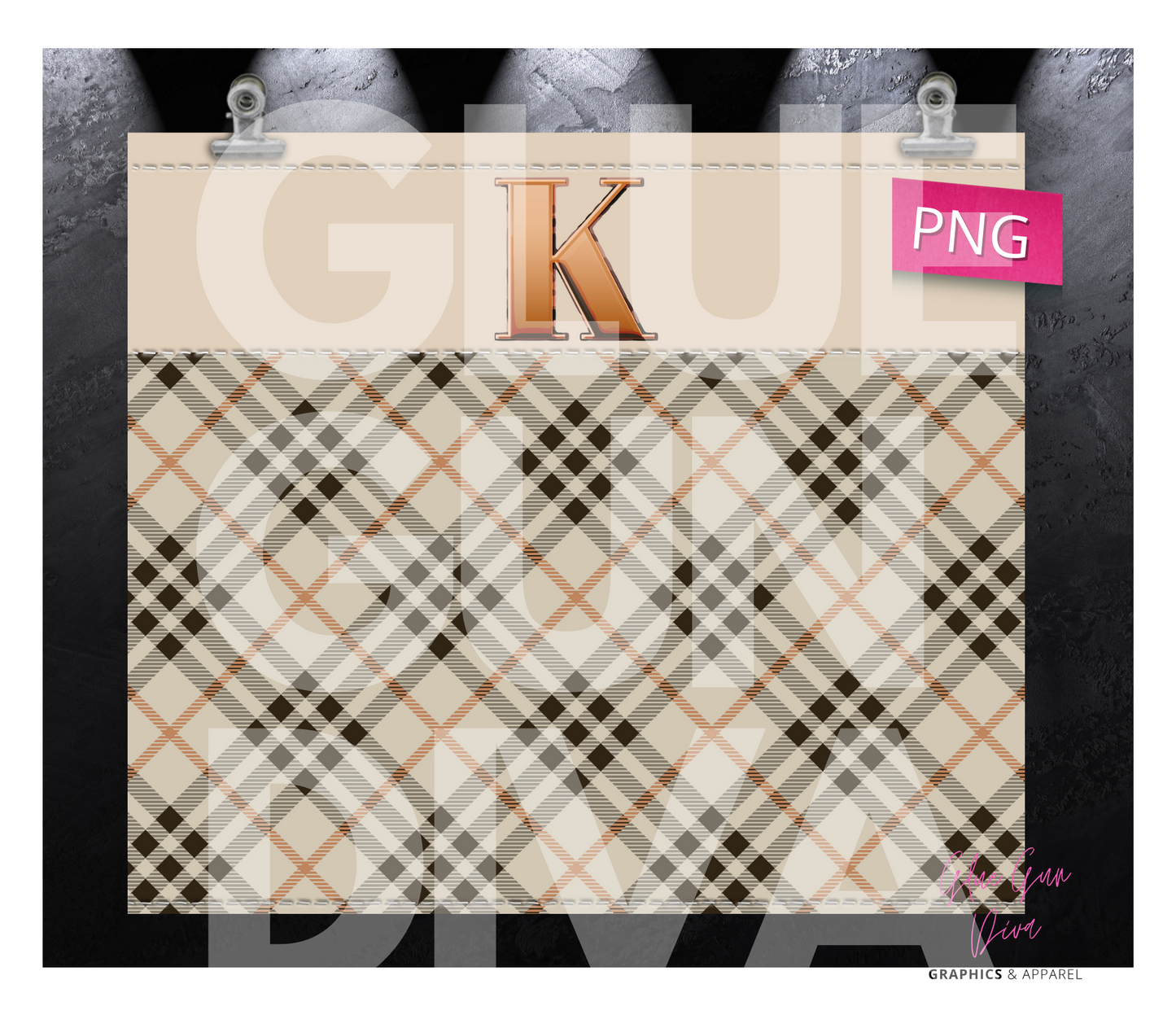 Letter K Plaid Canvas with Initial - Digital tumbler wrap for 20 oz skinny straight tumbler