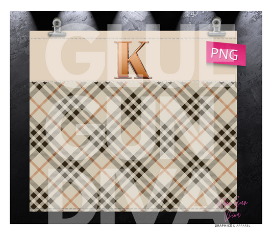 Letter K Plaid Canvas with Initial - Digital tumbler wrap for 20 oz skinny straight tumbler