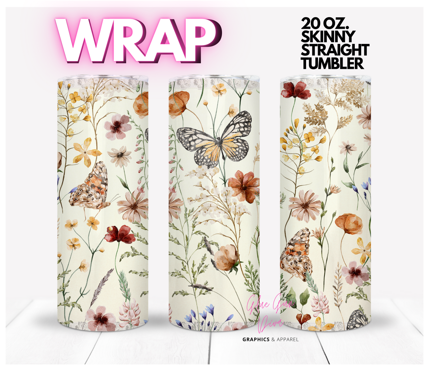 Tiny flowers and butterflies- Digital tumbler wrap for 20 oz skinny straight tumbler