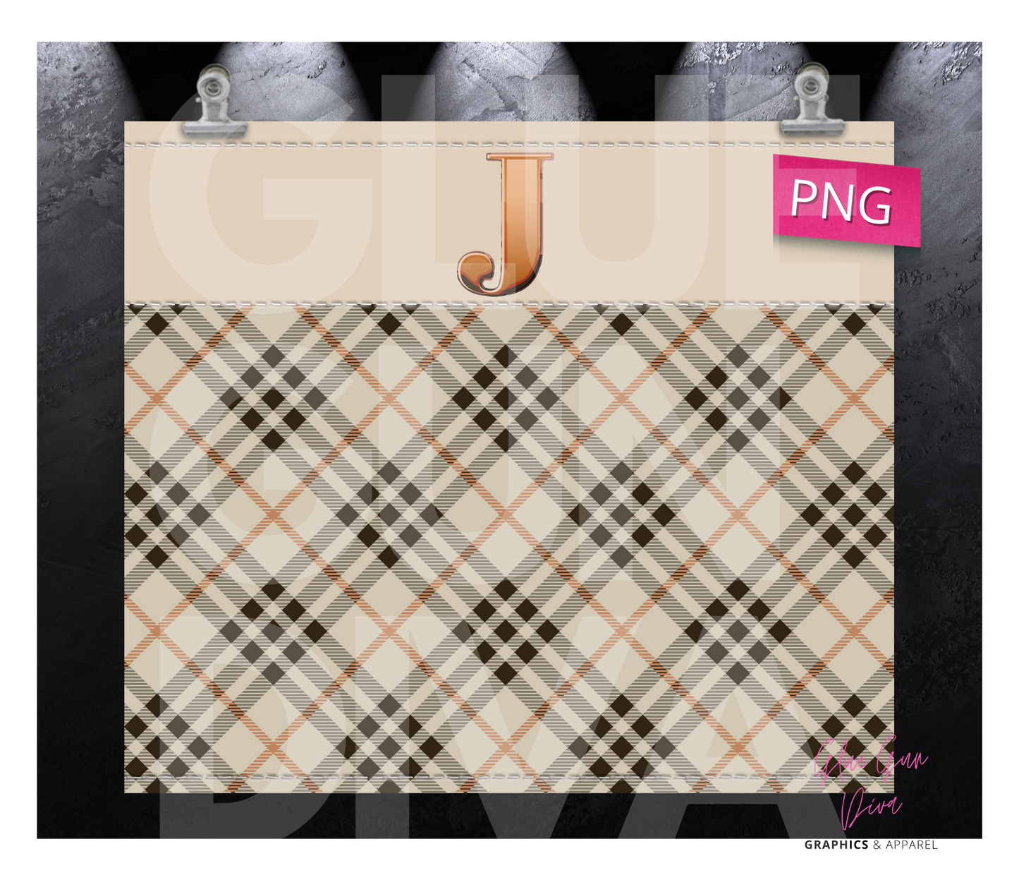 Letter J Plaid Canvas with Initial - Digital tumbler wrap for 20 oz skinny straight tumbler