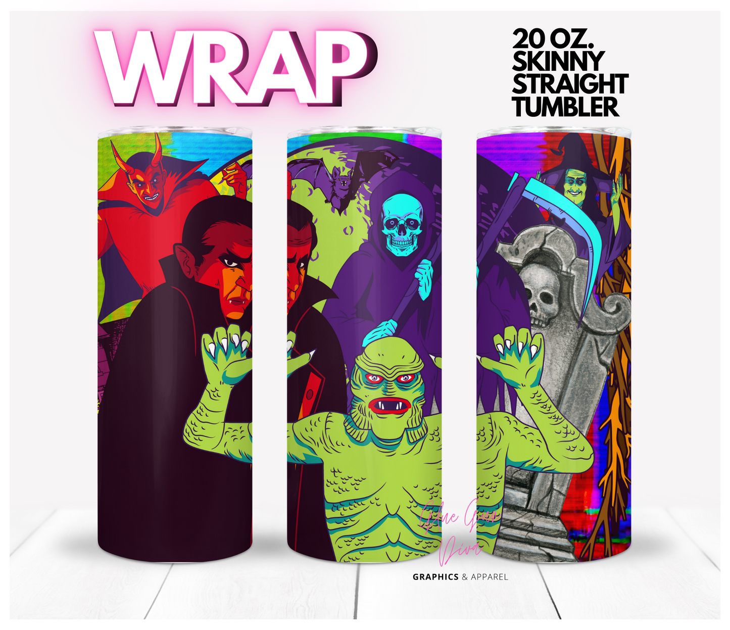 All the monsters in color - Digital tumbler wrap for 20 oz skinny straight tumbler