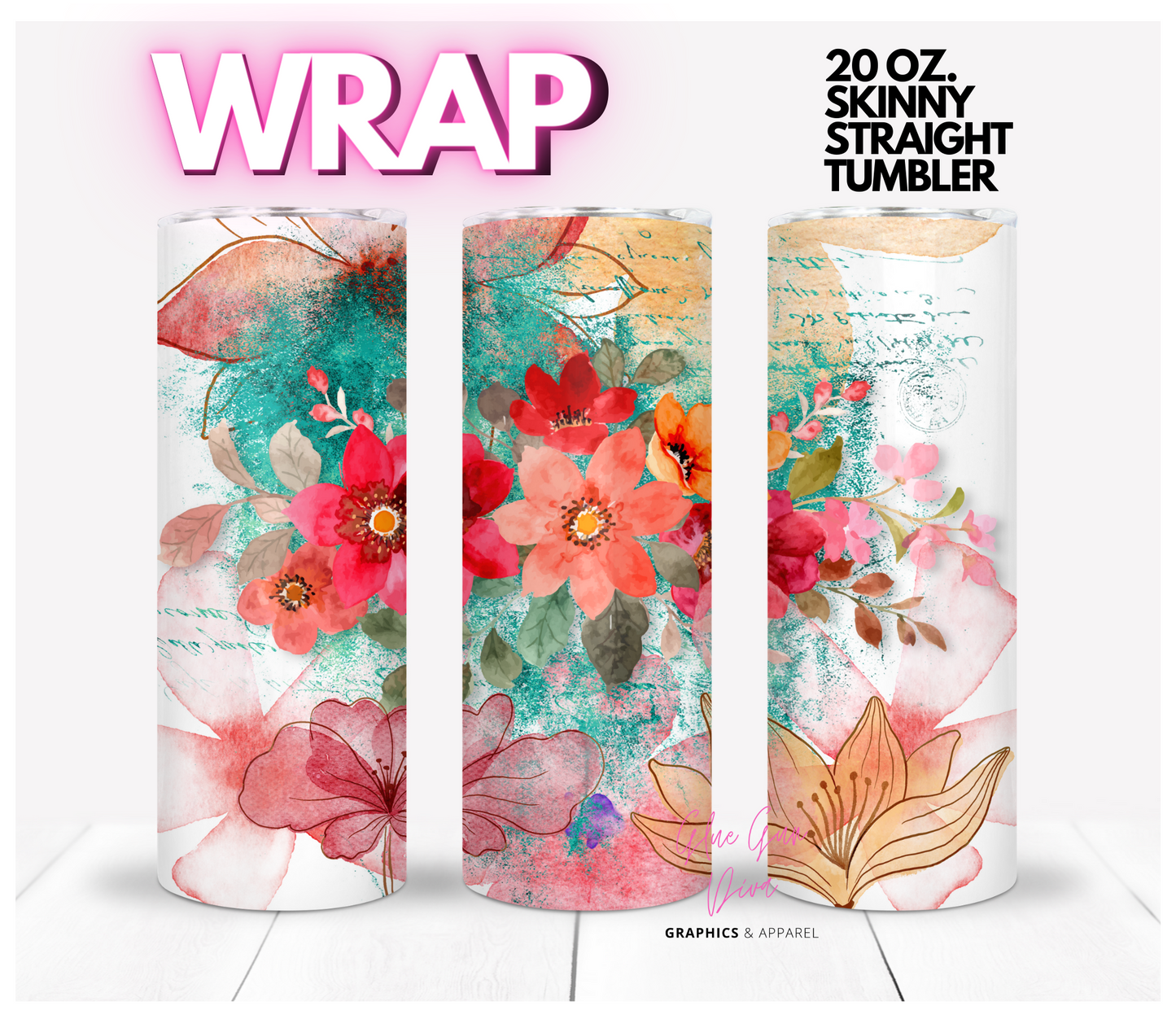 Fall Flower Decoupage - Digital tumbler wrap for 20 oz skinny straight tumbler