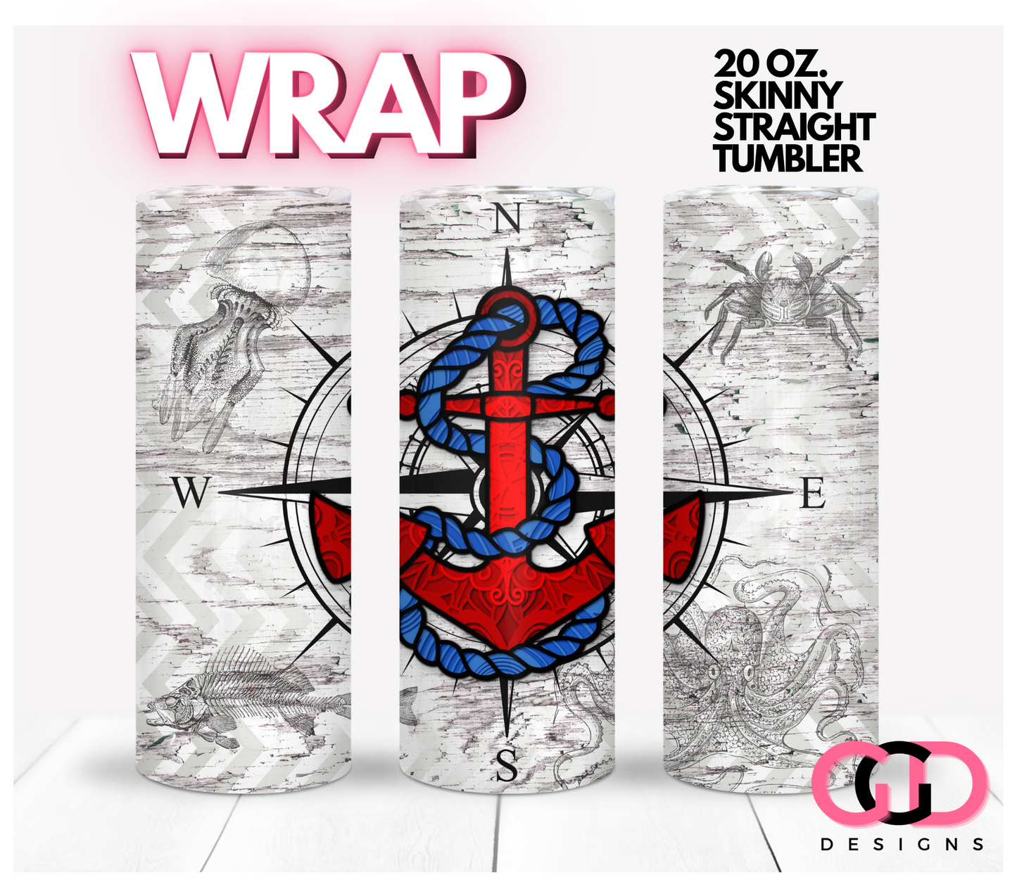 Red Blue Anchor - Digital tumbler wrap for 20 oz skinny straight tumbler